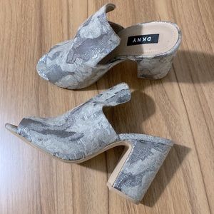 DKNY. Excellent condition. Open toe. Chunky heel. Unique. Comfortable. Silver.